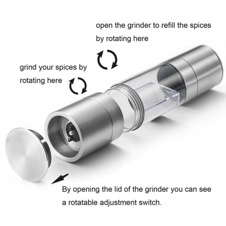 Meidong Pepper Grinder Salt Grinder 2 in 1 Spice Mill Manual with Stainless Steel Lid Ceramic Blades Acrylic Body and Adjustable Coarseness for Dry Herbs Weeds Beans Grind