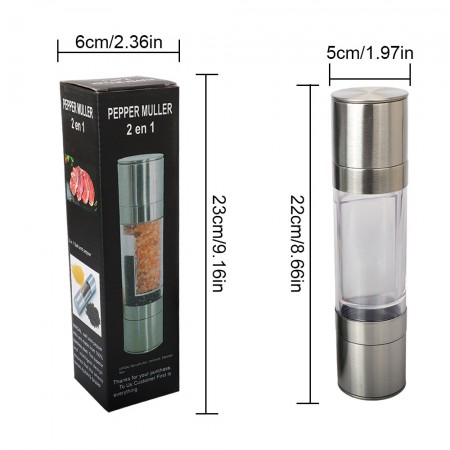 Meidong Pepper Grinder Salt Grinder 2 in 1 Spice Mill Manual with Stainless Steel Lid Ceramic Blades Acrylic Body and Adjustable Coarseness for Dry Herbs Weeds Beans Grind