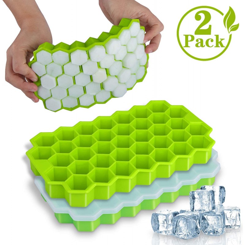Ice Cube Trays, Meidong 2 Pack Silicone Ice Cube Molds with Lid Flexible 74-Ice Trays BPA Free, for Whiskey, Cocktail, Stackable Flexible Safe Ice Cube Molds