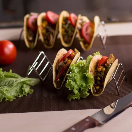 Meidong Taco Holder Rack Stainless Steel Serveware Pancake Rack Stand with Four Anti-Slip Silicone Mats for Holding Fried Chicken Ham Soft Hard Shell Burritos Sandwiches