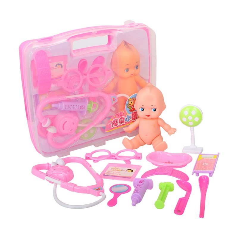 Meidong Doctor Kit Role Play 12pcs First Aid Kit Medical Toy with Silicone Patient Infant Doll Puppet as Best Gifts Ever for Kids Child Toddlers Teens (Pink)