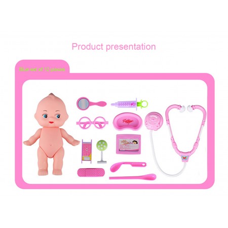 Meidong Doctor Kit Role Play 12pcs First Aid Kit Medical Toy with Silicone Patient Infant Doll Puppet as Best Gifts Ever for Kids Child Toddlers Teens (Pink)