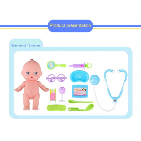 Meidong Doctor Kit Role Play 12pcs First Aid Kit Medical Toy with Silicone Patient Infant Doll Puppet as Best Gifts Ever for Kids Child Toddlers Teens (Blue)