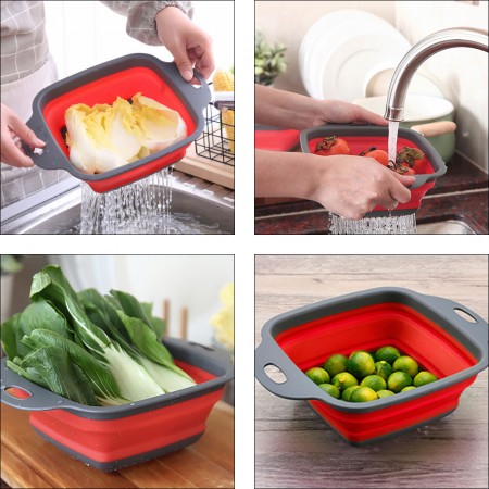 Meidong Collapsible Colander Foldable Food Strainers 2pcs Heat Resistant Drain Filter Sink Draining Tray Basket Set Practical Home Kitchen Foldable Vegetable Fruit Pasta Veggies Tool (Red)