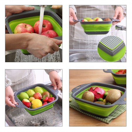 Meidong Collapsible Colander Foldable Food Strainers 2pcs Heat Resistant Drain Filter Sink Draining Tray Basket Set Practical Home Kitchen Foldable Vegetable Fruit Pasta Veggies Tool (Green)