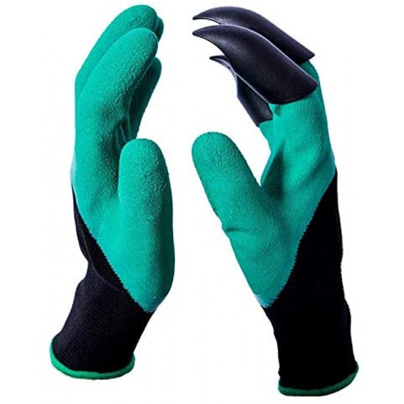 Meidong Gardening Gloves Waterproof Puncture Resistant Genie Mitts 5 Built-in Durable ABS Plastic Claws on Right Hand for Easy to Dig Planting Species Rake (Green)