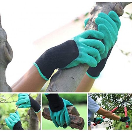 Meidong Gardening Gloves Waterproof Puncture Resistant Genie Mitts 5 Built-in Durable ABS Plastic Claws on Right Hand for Easy to Dig Planting Species Rake (Green)