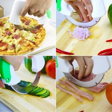 Meidong Utility Knives Circular ABS Rolling Knife Stainless Steel Circle Scroll Blade Kitchen Cutter Suit for Meat Vegetables Salad Pizza (White and Green)