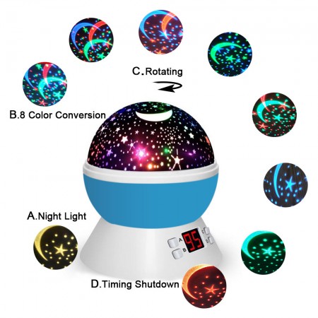 Meidong Star Projector Lamp Starry Timer Rotary Night Light Romantic Star USB Batteries Power with Color Conversion for Kids Babies Boys Girls Child Lovers Gifts （Blue）