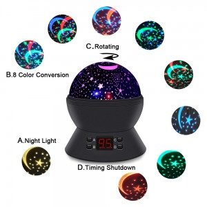 Meidong Star Projector Lamp Starry Timer Rotary Night Light Romantic Star USB Batteries Power with Color Conversion for Kids Babies Boys Girls Child Lovers Gifts (Black)