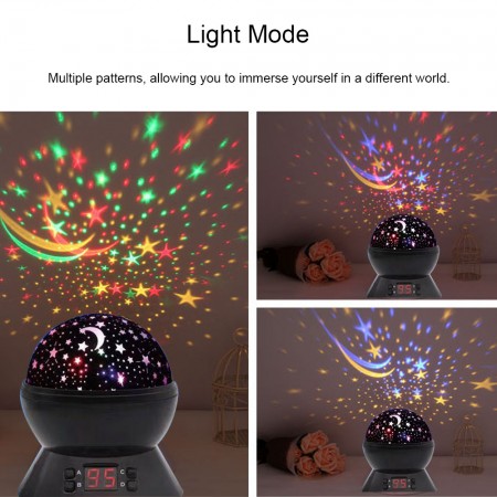 Meidong Star Projector Lamp Starry Timer Rotary Night Light Romantic Star USB Batteries Power with Color Conversion for Kids Babies Boys Girls Child Lovers Gifts (Black)