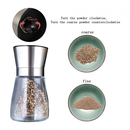 Meidong Pepper Grinder Salt Grinder Spice Mill with Stainless Steel Lid Ceramic Blades Premium Glass Body and Adjustable Coarseness for Dry Herbs Weeds Beans Grind