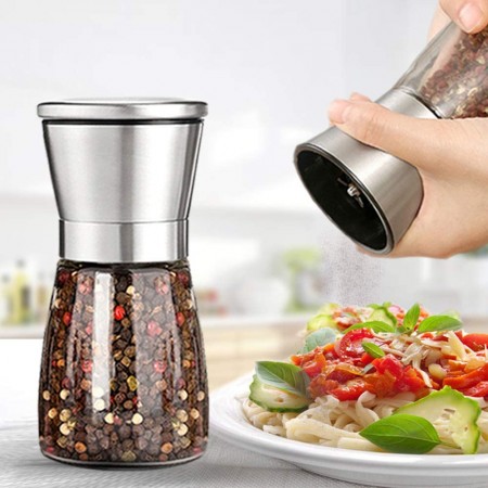 Meidong Pepper Grinder Salt Grinder Spice Mill with Stainless Steel Lid Ceramic Blades Premium Glass Body and Adjustable Coarseness for Dry Herbs Weeds Beans Grind