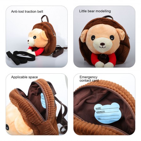 Meidong Bear Mini Backpack with Leash Harness Short Plush Fabric Anti-Lost Children Backpack Carry Toys Candies for Toddler Infants Boys Girls 1-3 Years Old (Brown)