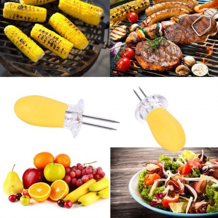 Meidong Skewers Corn Kernel Shape 3 Pair Interlock Alignment Corn Fork Set of 6pcs for Holding Corn Cob BBQ Meatballs Barbecue Chicken Beaf Fruits Cakes (Yellow, 6pcs)