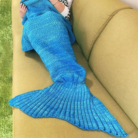 Meidong Mermaid Tail Blanket Crochet Fabric Rug Warm Soft All Seasons Sleeping Blankets Classic Pattern Oversized For Kids Girls Women Teens Adult Living Room Best Birthday Gift (Blue)