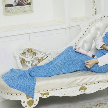 Meidong Mermaid Tail Blanket Crochet Fabric Rug Warm Soft All Seasons Sleeping Blankets Classic Pattern Oversized For Kids Girls Women Teens Adult Living Room Best Birthday Gift (Blue)