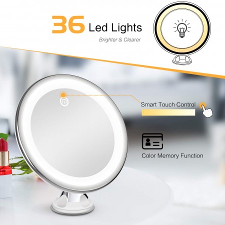 Meidong Makeup Mirror 10X Magnifying Vanity Mirror - 3 Color Modes & 36 LED Cosmetic Mirror, High Definition, Touch Control, 360°Rotation & Powerful Suction Cup for Bathroom Shower Travel