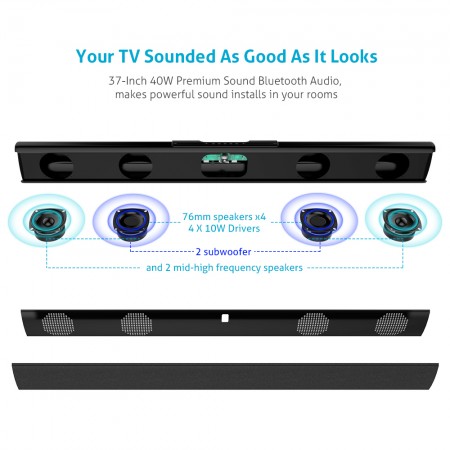 TV Sound Bar, Meidong Soundbars for TV 40 Watt 37-Inch 4 Speakers Strong Bass Wireless and Wired Bluetooth Audio Speakers Included Optical Cable, Remote Control, Wall Mountable 