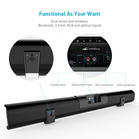 TV Sound Bar, Meidong Soundbars for TV 40 Watt 37-Inch 4 Speakers Strong Bass Wireless and Wired Bluetooth Audio Speakers Included Optical Cable, Remote Control, Wall Mountable 